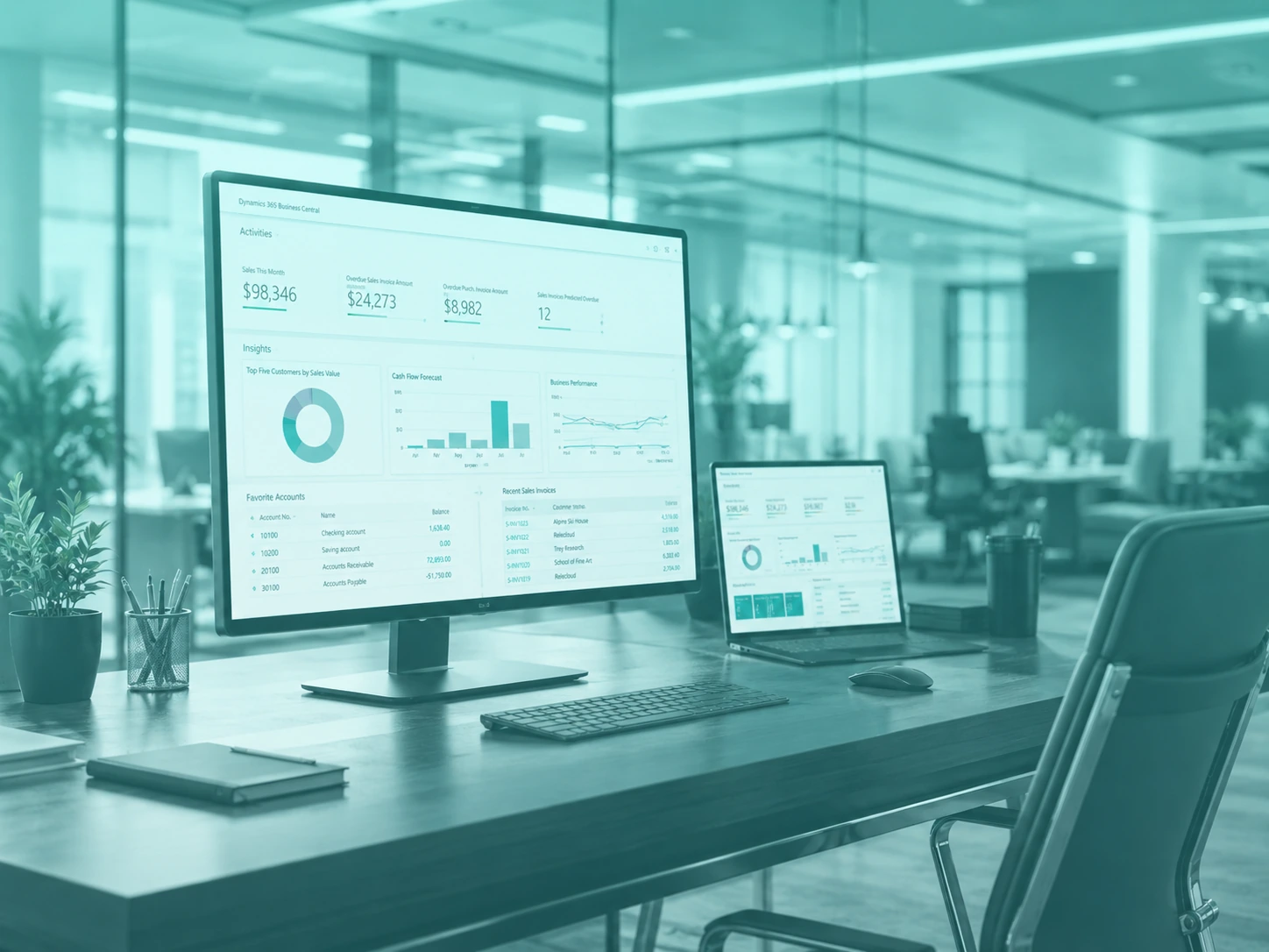 custom software dashboard displayed on a laptop in a professional office environment